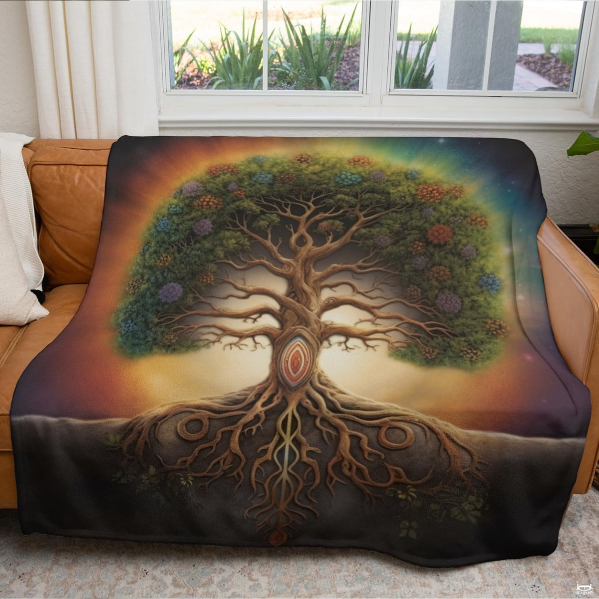 Cosmic Tree of Life throw blanket draped smoothly across modern bed in artistic bedroom setting