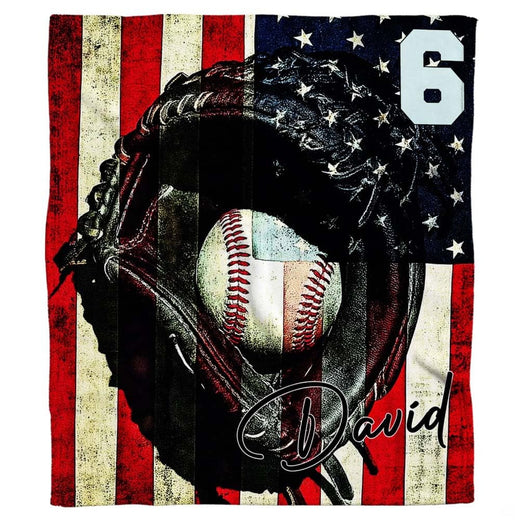 Americana baseball throw blanket featuring baseball mitt and ball over distressed American flag