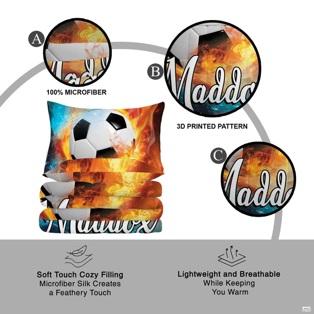 Matching pillowcase detail for athletic bedding set showcasing fire and water soccer artwork and jersey numbering