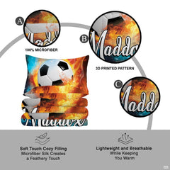 Matching pillowcase detail for athletic bedding set showcasing fire and water soccer artwork and jersey numbering