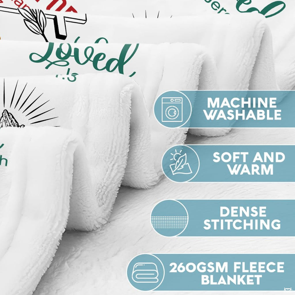 Christian faith scripture affirmation throw blanket styled over a contemporary living room sofa