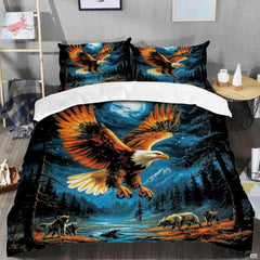 Detailed illustration of bald eagle wings and glowing moon on wildlife bedding set