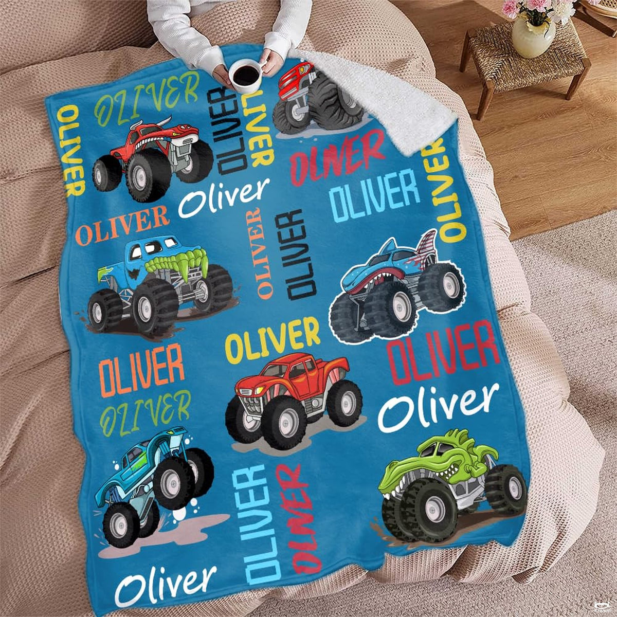 Monster trucks cartoon throw blanket spread across modern bed in youth automotive themed bedroom