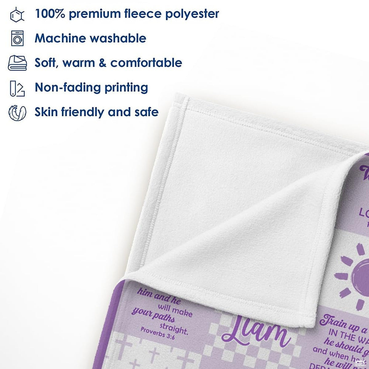 Folded lavender Bible verse throw blanket styled on a wooden crib railing