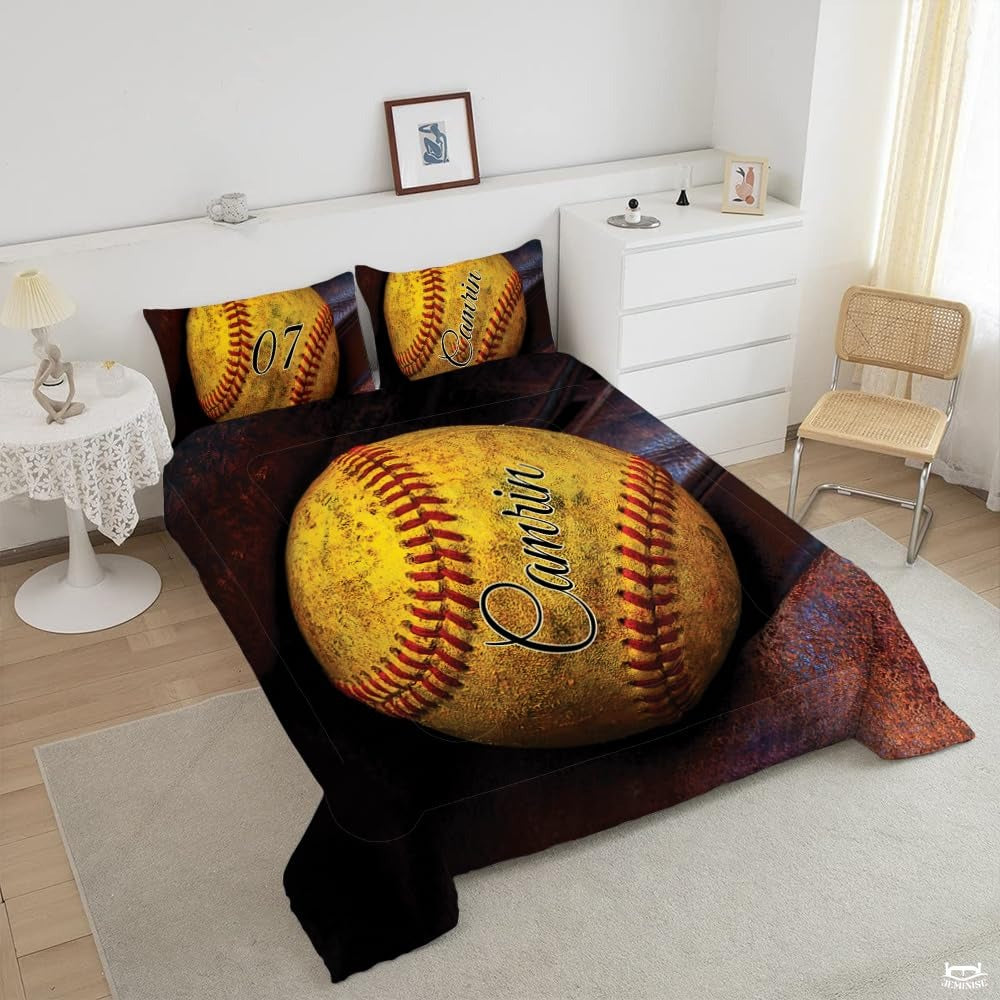 Softball-Themed Bedding for Girls and Women – Bright Teal Yellow Sports Comforter Set for Softball Lovers, Decorative Bedroom Set in Twin, Queen & King