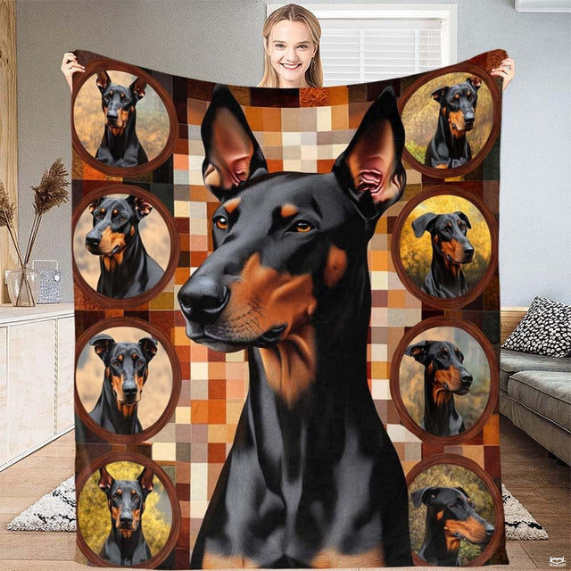 Doberman dog bed picture art print on bedding set with thematic accent mosaic pattern