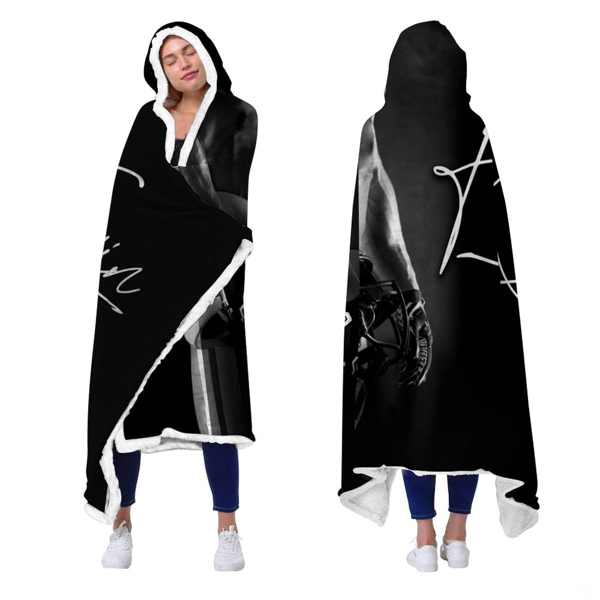 Football player monochrome throw blanket held open displaying high contrast black and white sports art