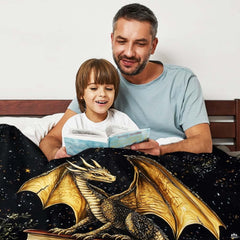 Folded view of the golden dragon blanket showing perimeter border hem and crisp graphic details.