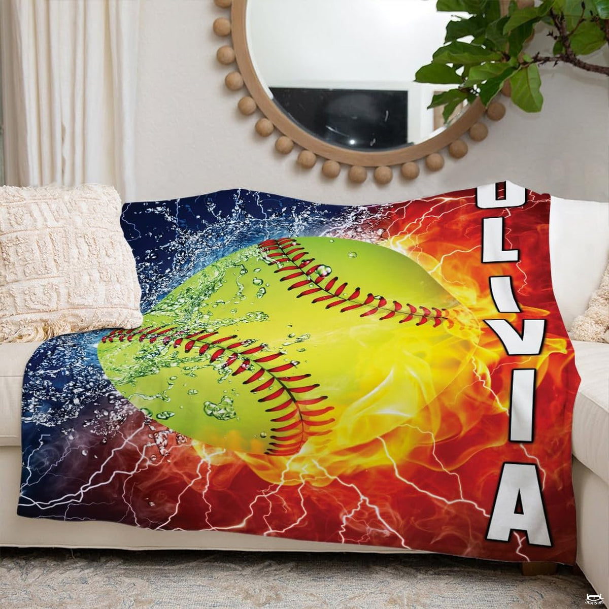 Decorative overhead view of split flame and splash sports artwork illuminating modern bedroom.