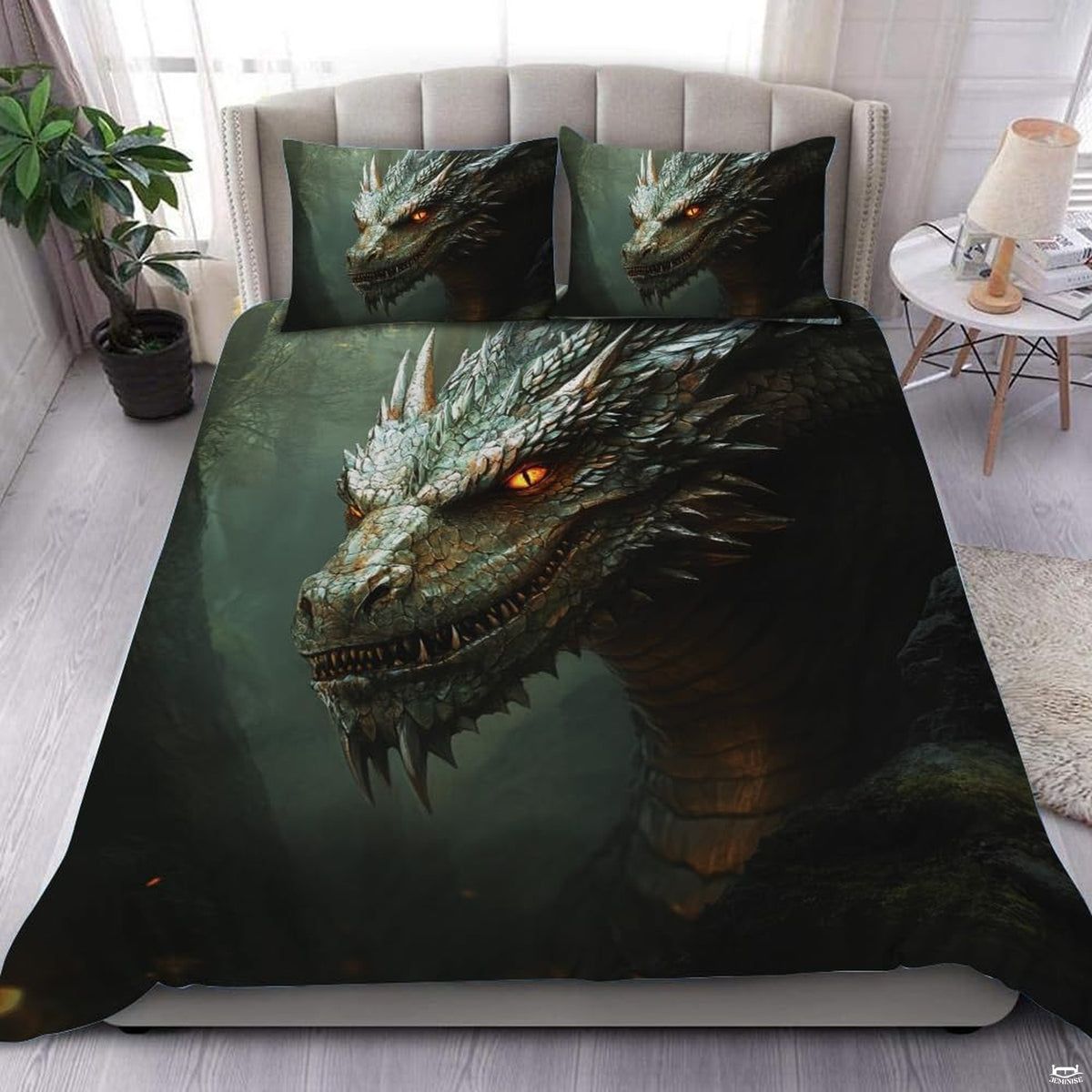 Dark dragon portrait bedding in a bright bedroom