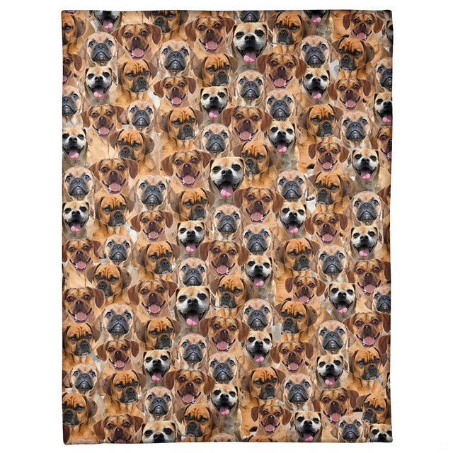 Puggle dog happy puppy face collage blanket full overhead view