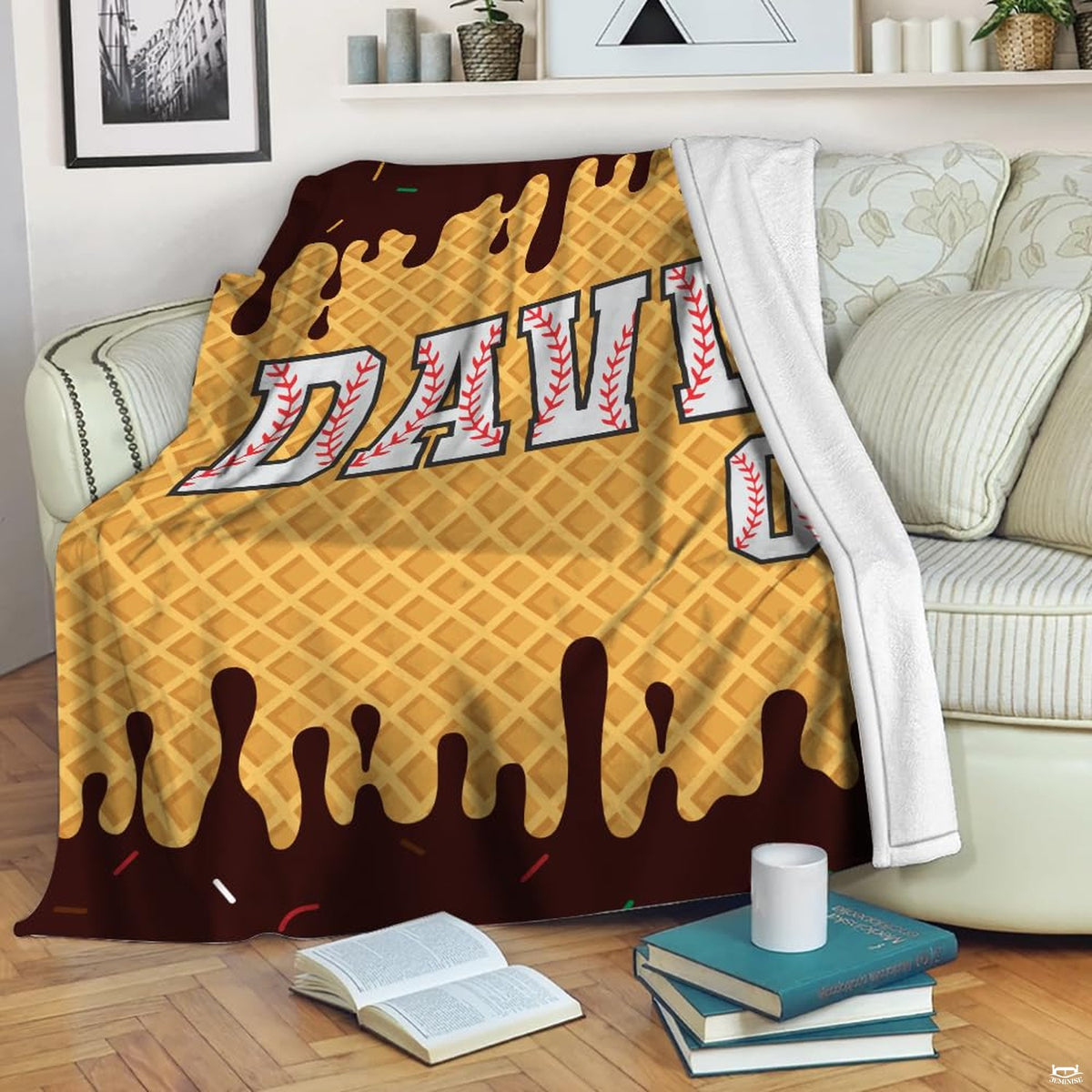 Waffle cone pattern with dripping chocolate and baseball-laced varsity lettering, view 2.