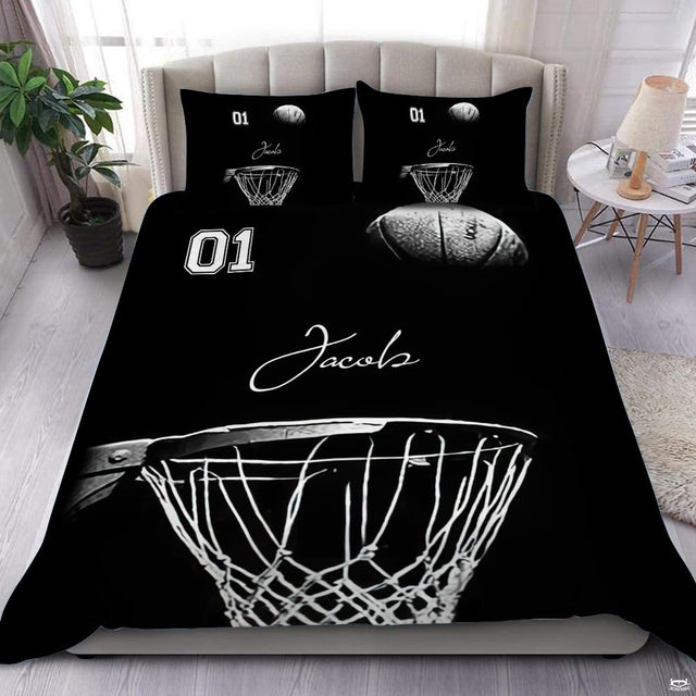 Monochromatic basketball net bedding set styled on a modern bed display.