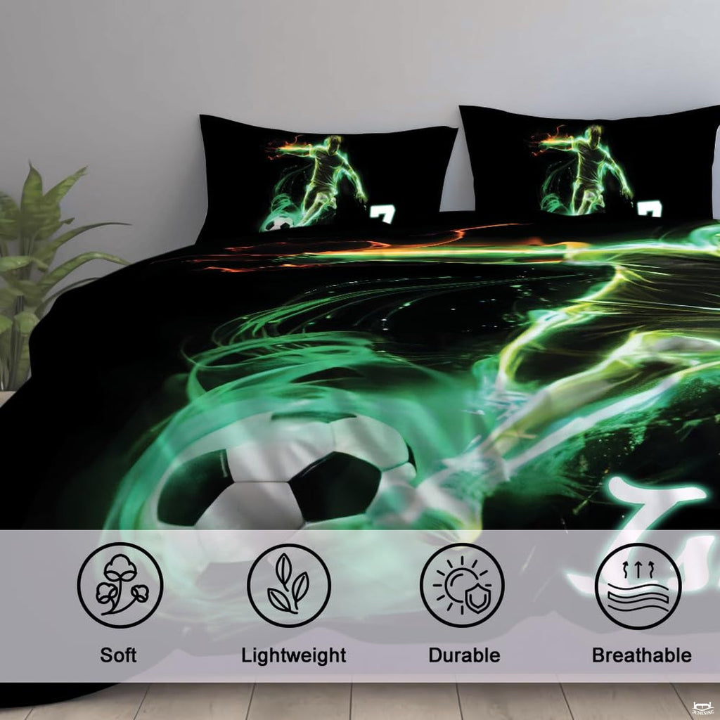 Overhead view of emerald green soccer bedding arranged neatly across an athletic youth bedroom mattress