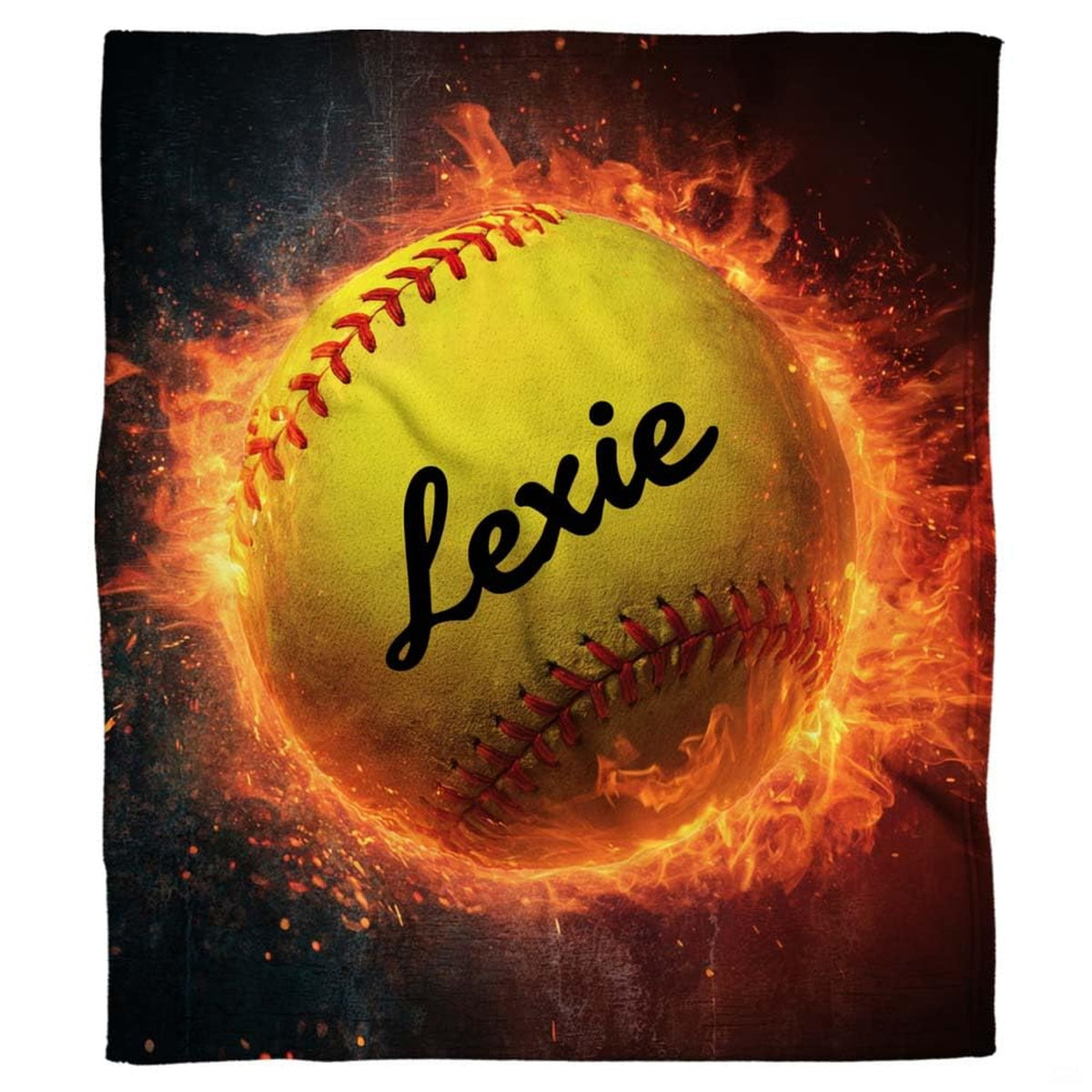 Fiery softball inferno flame graphic blanket centered with glowing embers