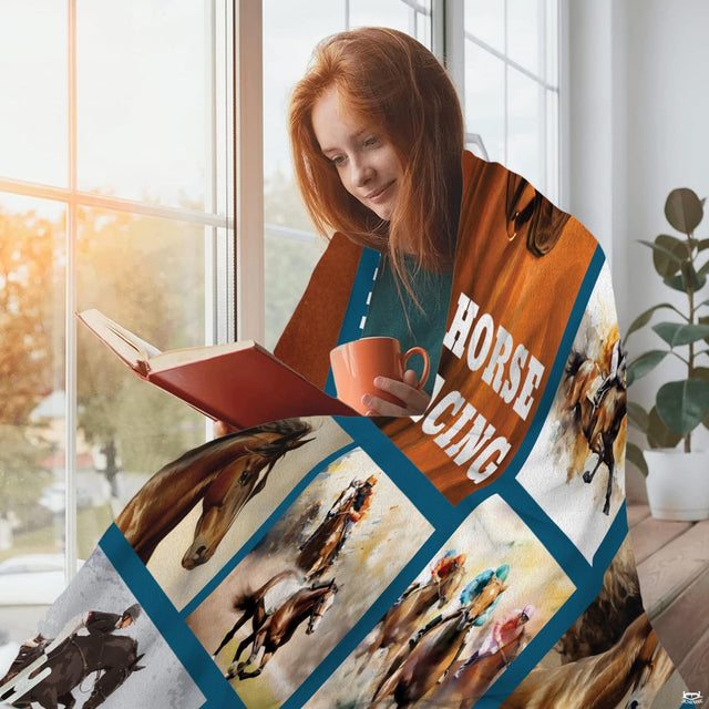 Thoroughbred equestrian horse racing collage blanket showing derby racers and stallion portraits view 2