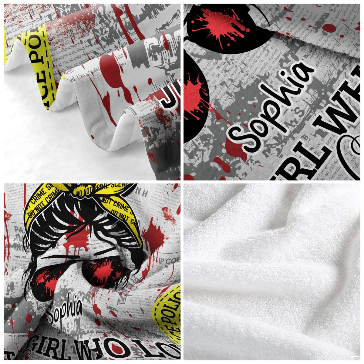Four-panel detail collage highlighting newsprint text, crimson splatter drops, and sunglasses.
