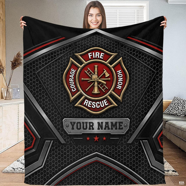 Close view of firefighter bedding detailing the thematic accent helmet, ladder, nozzle, and axe graphic.