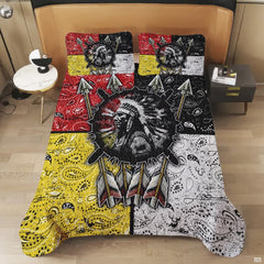 Decorated bedroom ensemble displaying native american chief shield artwork and contrasting bandana corners.