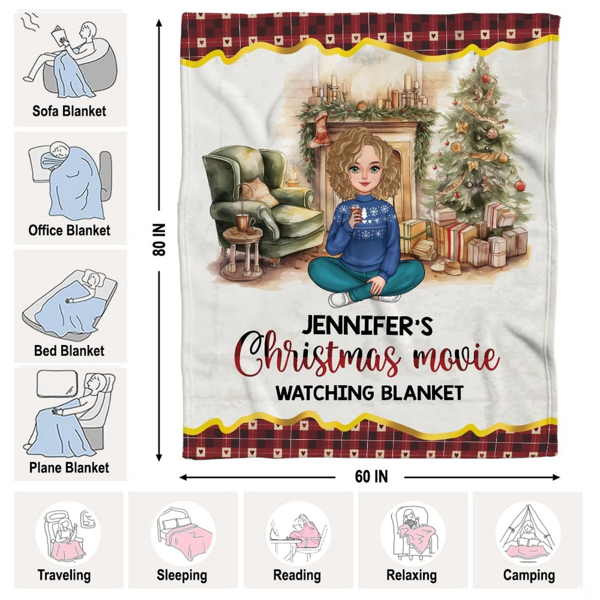 Detailed quad perspectives highlighting fine watercolor artwork on holiday movie throw blanket.