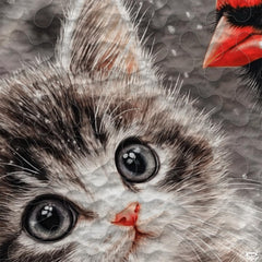 Winter Cat and Cardinal Sitting on Snowy Patchwork Christmas Quilt