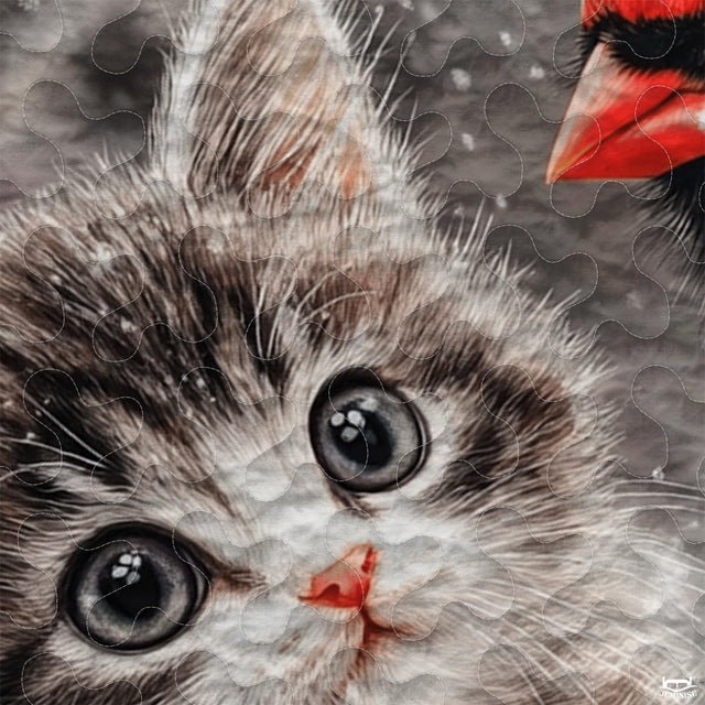 Winter Cat and Cardinal Sitting on Snowy Patchwork Christmas Quilt