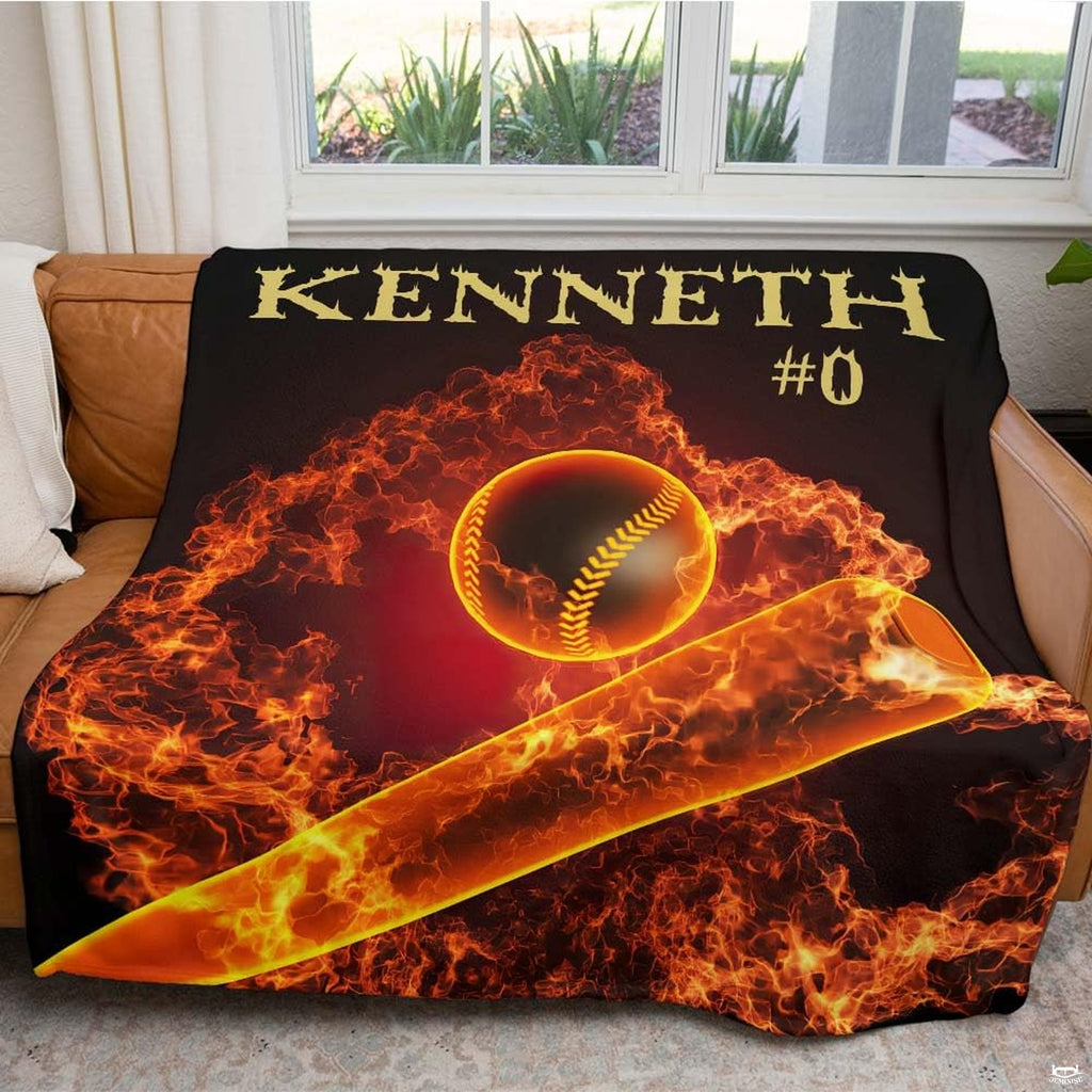 thematic accent visual display of the baseball art piece spotlighting glowing flames and midnight backdrop.
