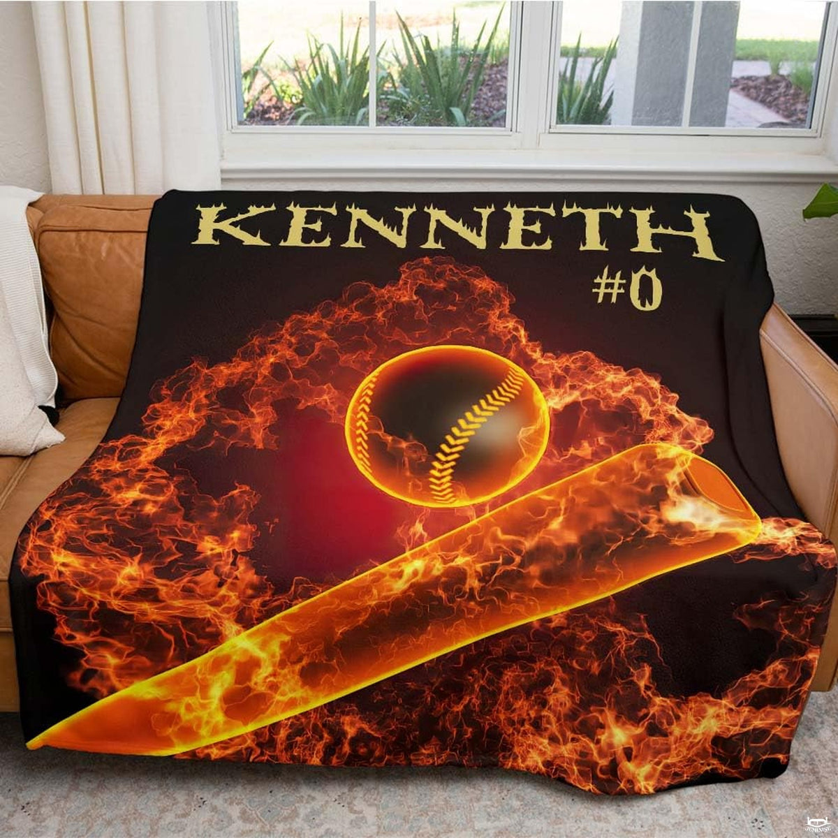 thematic accent visual display of the baseball art piece spotlighting glowing flames and midnight backdrop.