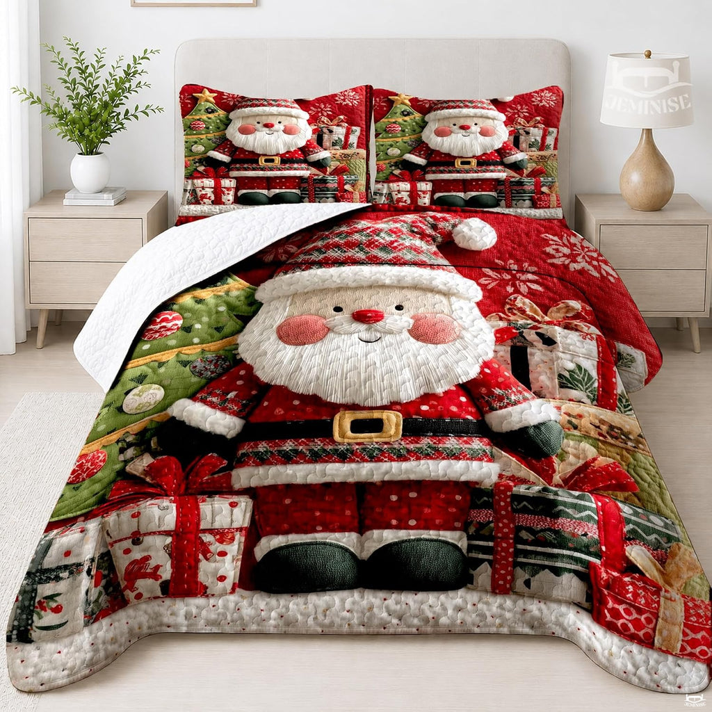 Vibrant holiday Santa Claus bedding display highlighting decorative gift motifs and festive seasonal artistry.