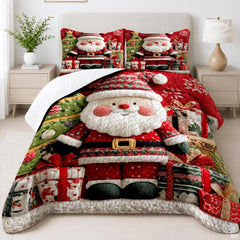 Vibrant holiday Santa Claus bedding display highlighting decorative gift motifs and festive seasonal artistry.