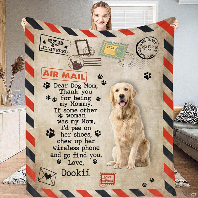 Golden retriever bedding set featuring vintage postcard artwork with striped borders and thematic accent illustration.