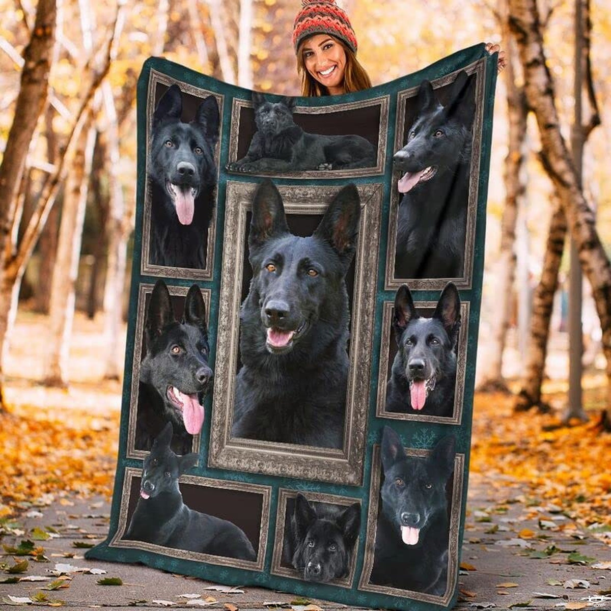 Folded corner view showing white sherpa fleece accent beside teal canine art