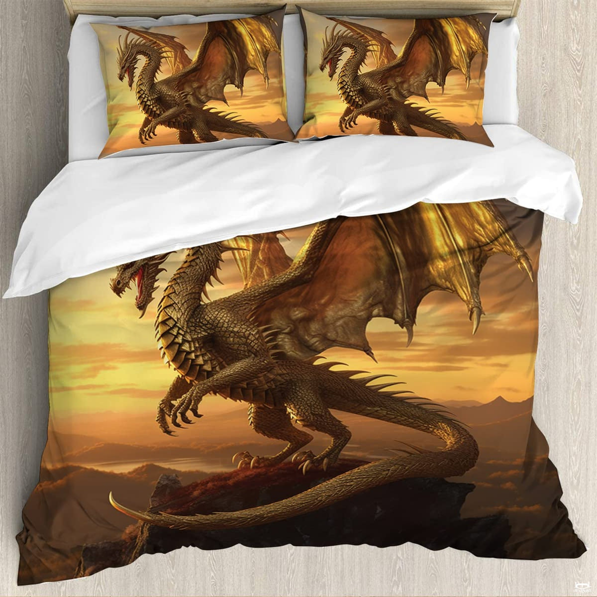 Matching pillowcase detail for dragon bedding set showcasing perched mountain dragon and golden horizon glow