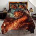 Fiery copper dragon bedding artwork with a smoky teal background in a rustic bedroom
