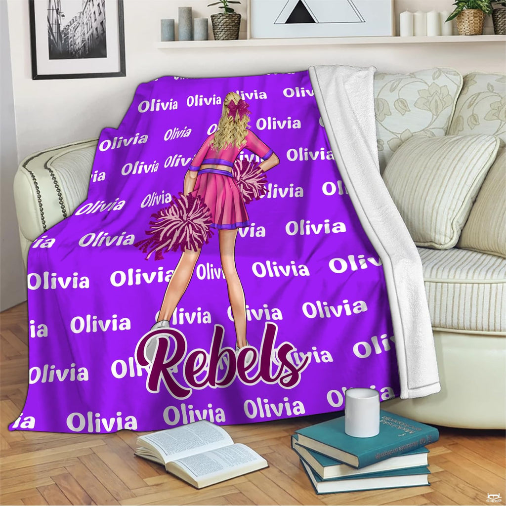 Full flat overview of the pink cheerleader pom poms purple spirit blanket.