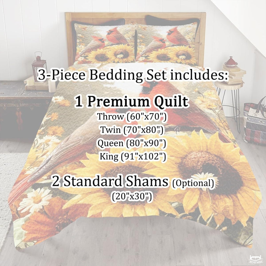 Autumn Cardinals Perched Above Large Sunflowers Quilt with Cardinal Birds