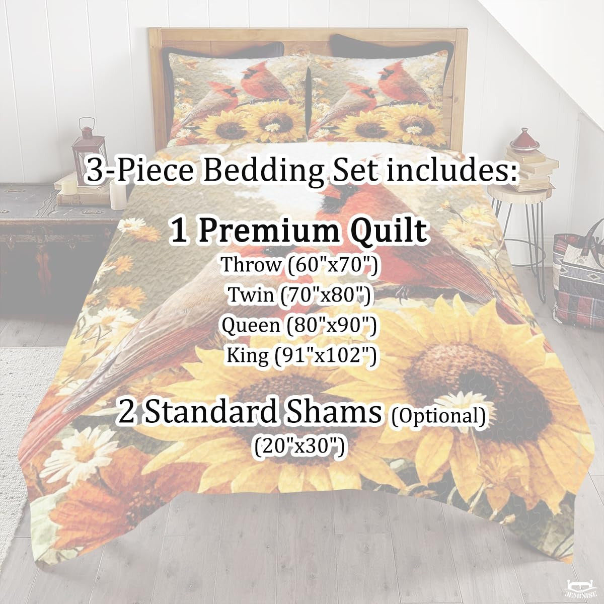 Autumn Cardinals Perched Above Large Sunflowers Quilt with Cardinal Birds