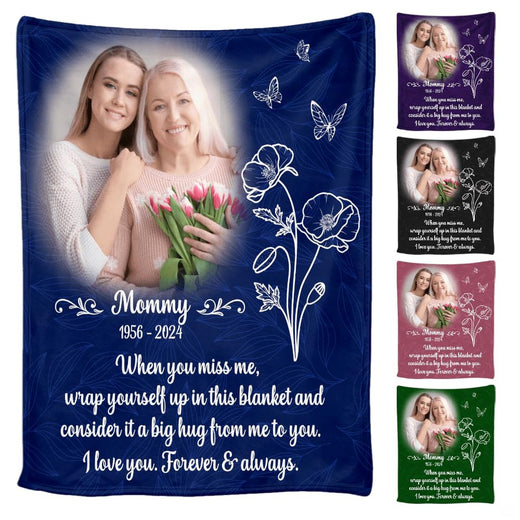 Poppy butterfly memorial throw blanket featuring white line art flowers, butterflies, and navy background