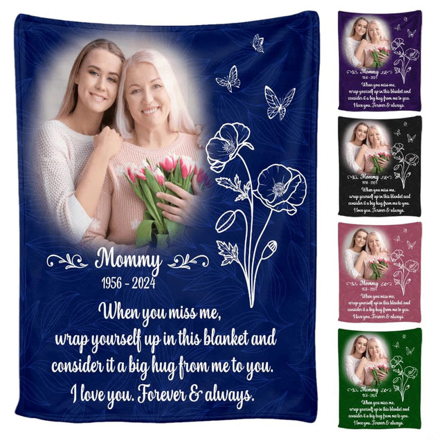 Poppy butterfly memorial throw blanket featuring white line art flowers, butterflies, and navy background