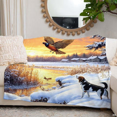 Close-up of hunting dog in snow admiring a flying pheasant on rustic lodge bedding.