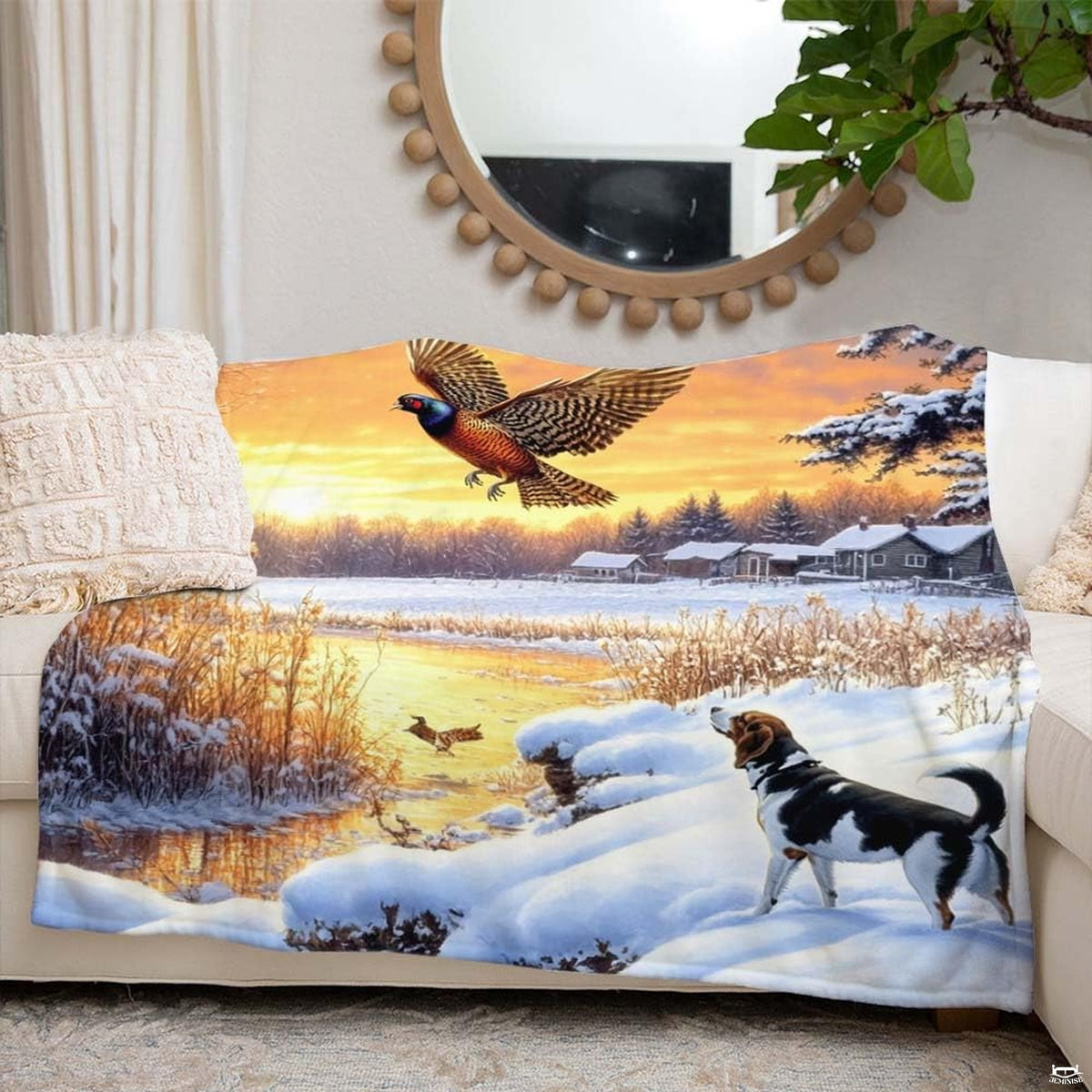 Close-up of hunting dog in snow admiring a flying pheasant on rustic lodge bedding.