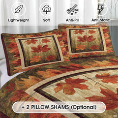 Close-up detail of botanical leaf artwork and burnt sienna tones on autumn bedding