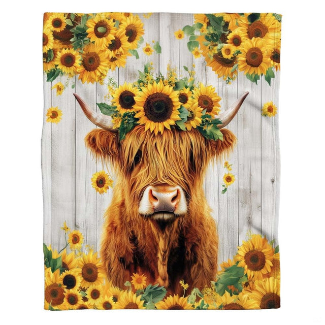 Highland cow bedding set featuring rustic Scottish cattle art and bright sunflower crown decor