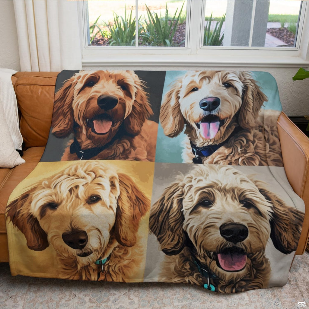 Four quadrant doodle dog graphic blanket arranged over living room armchair