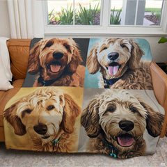 Four quadrant doodle dog graphic blanket arranged over living room armchair