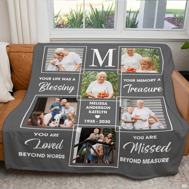 Angled display of slate grey family memorial throw blanket showing white photo grid borders and script.