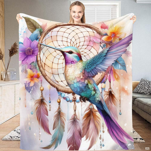 Boho hummingbird dreamcatcher blanket featuring pastel feathers and wildflowers.