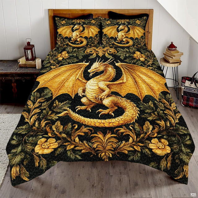 Golden baroque dragon bedding in a bright bedroom