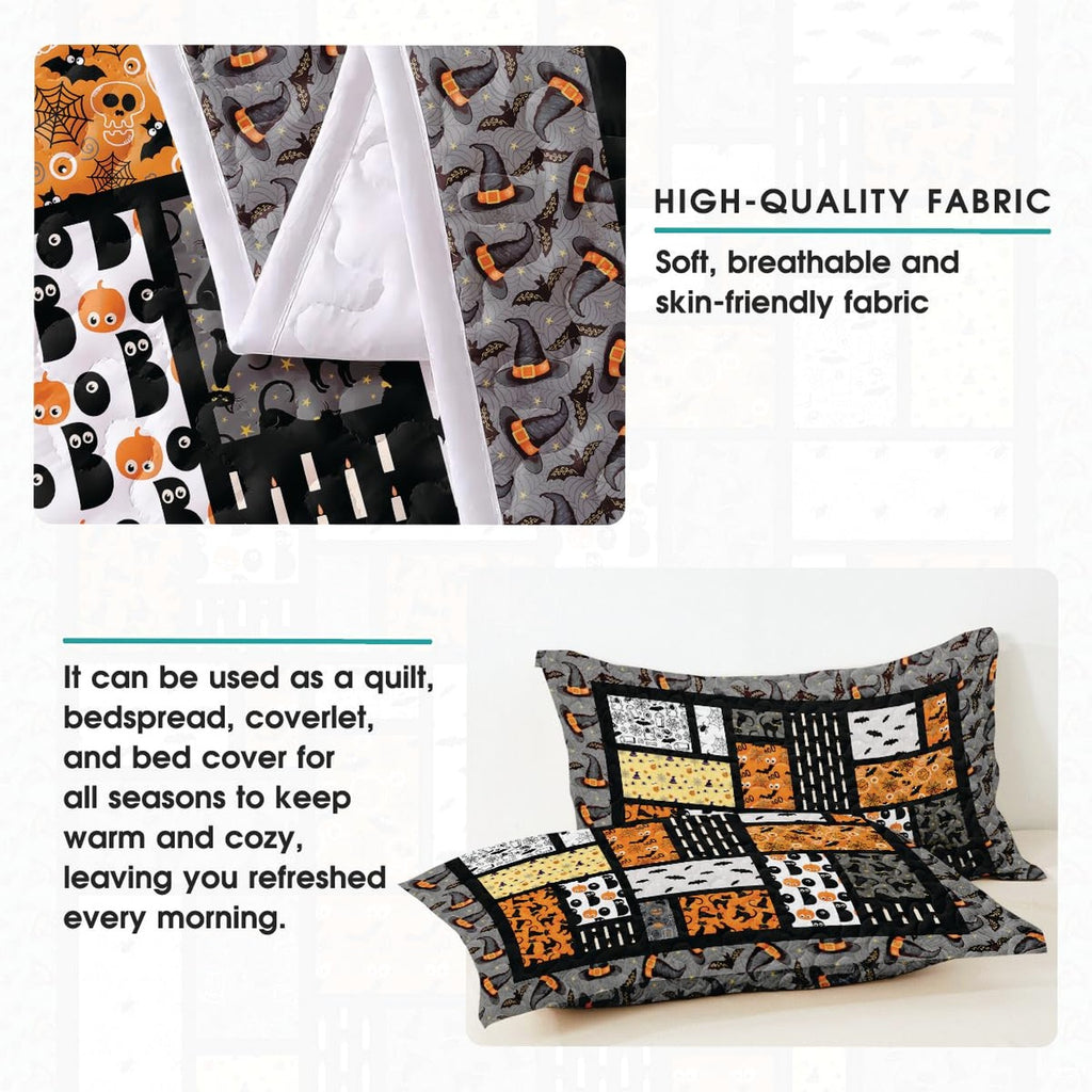Overhead view of colorful Halloween patchwork bedding displayed across a contemporary bedroom bed