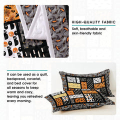 Overhead view of colorful Halloween patchwork bedding displayed across a contemporary bedroom bed